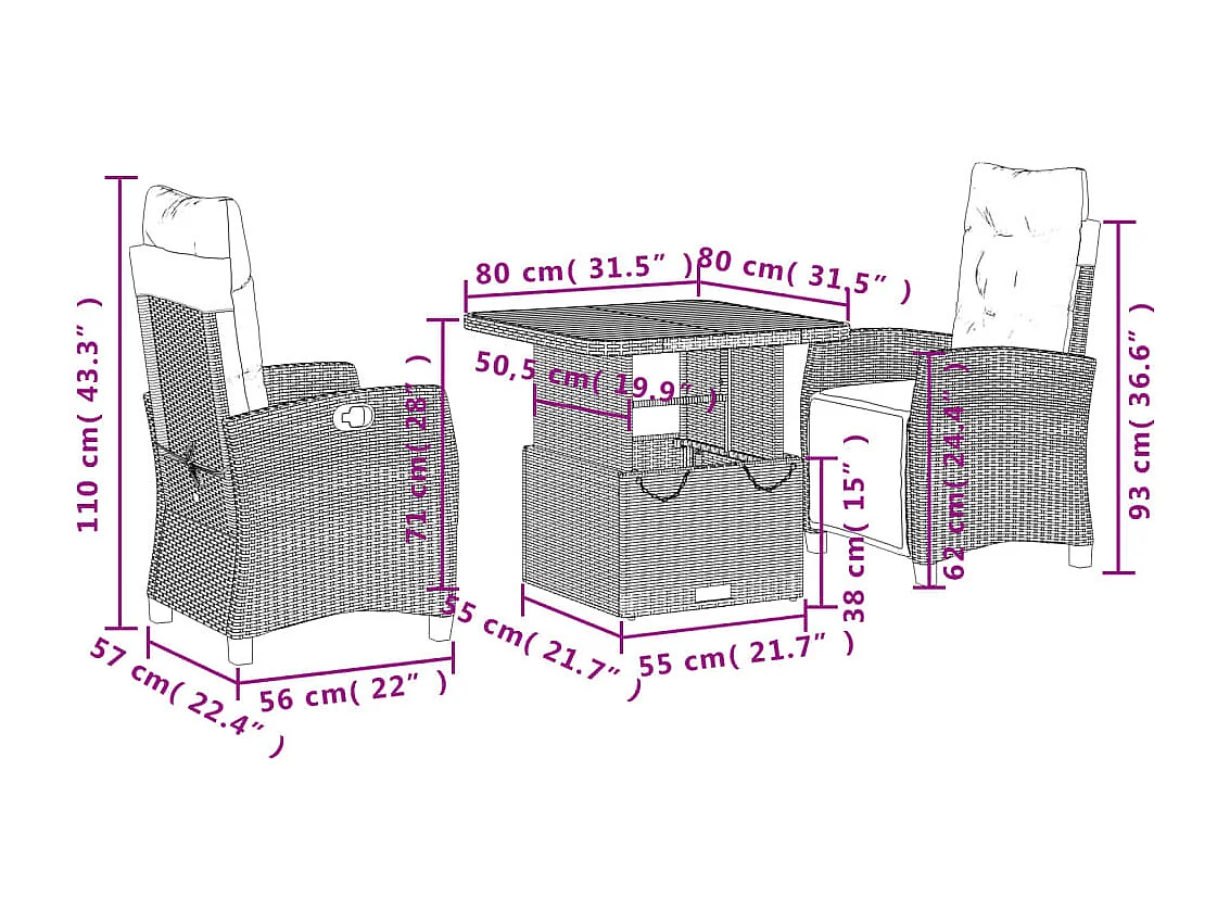 Set da Pranzo da Giardino 3 pz con Cuscini Beige in Polyrattan
