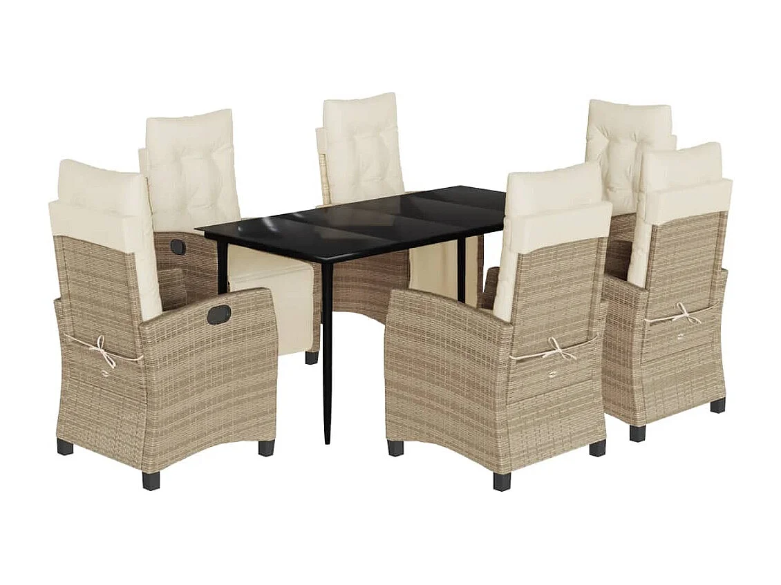 Set da Pranzo da Giardino 7 pz con Cuscini Beige in Polyrattan