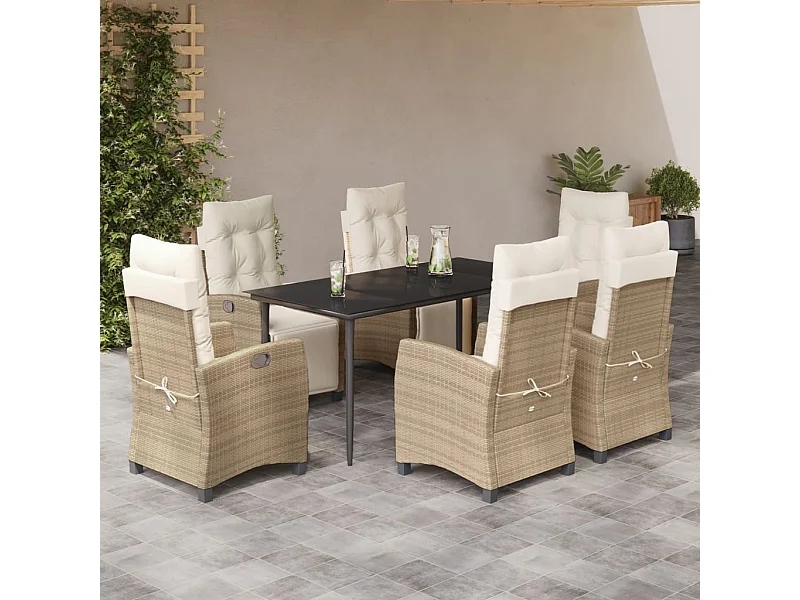 Set da Pranzo da Giardino 7 pz con Cuscini Beige in Polyrattan