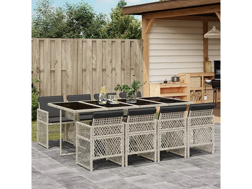 Ensemble à manger de jardin et coussins 9 pcs gris clair rotin