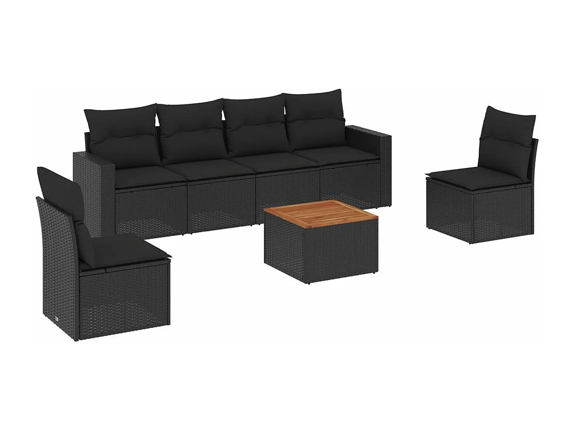 7-tlg. Garten-Sofagarnitur mit Kissen Schwarz Poly Rattan
