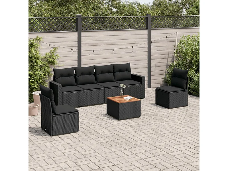 7-tlg. Garten-Sofagarnitur mit Kissen Schwarz Poly Rattan