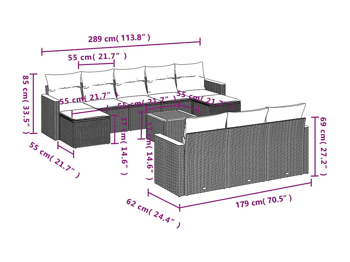 Salon de jardin 11 pcs avec coussins gris résine tressée