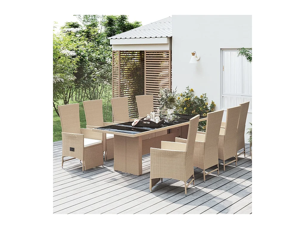 Set da Pranzo da Giardino 9 pz con Cuscini Beige in Polyrattan