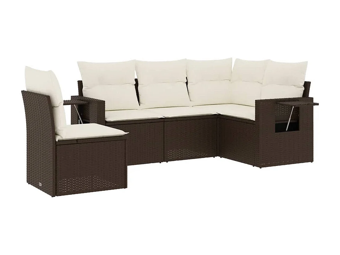 Set Divano da Giardino 5 pz con Cuscini Marrone in Polyrattan