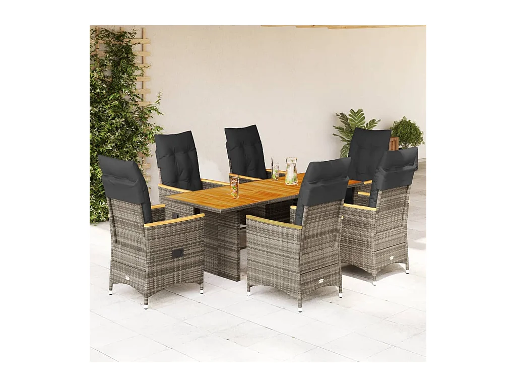 Set da Pranzo da Giardino 7 pz con Cuscini in Polyrattan Grigio