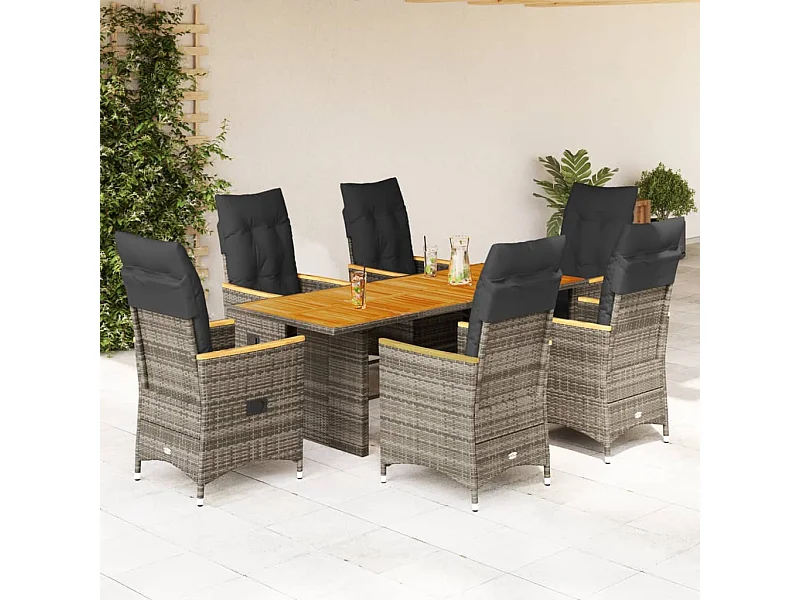 Set da Pranzo da Giardino 7 pz con Cuscini in Polyrattan Grigio