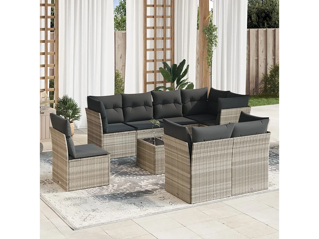 9-tlg. Garten-Sofagarnitur mit Kissen Hellgrau Poly Rattan