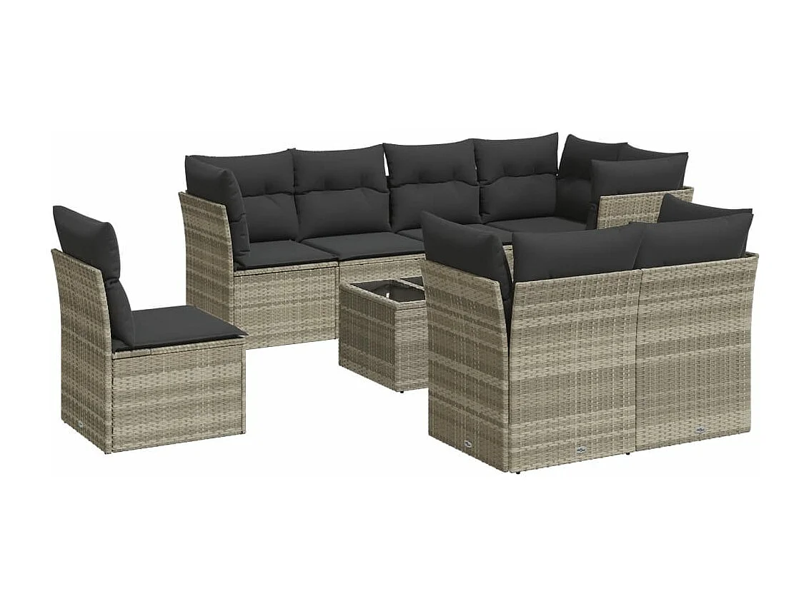 9-tlg. Garten-Sofagarnitur mit Kissen Hellgrau Poly Rattan