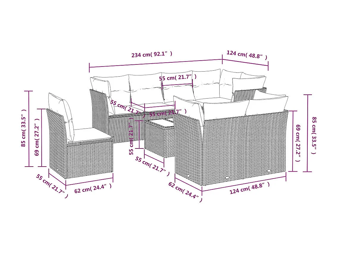 9-tlg. Garten-Sofagarnitur mit Kissen Hellgrau Poly Rattan