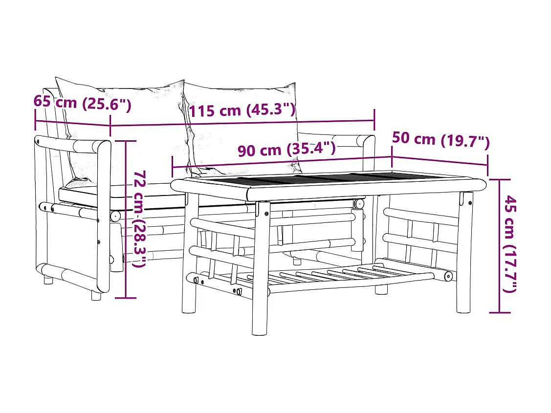 Set Divano da Giardino 2 pz con Cuscini in Bambù