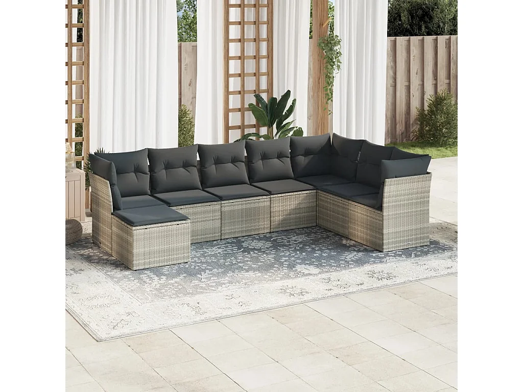 Set Divano da Giardino 8pz con Cuscini Grigio Chiaro Polyrattan