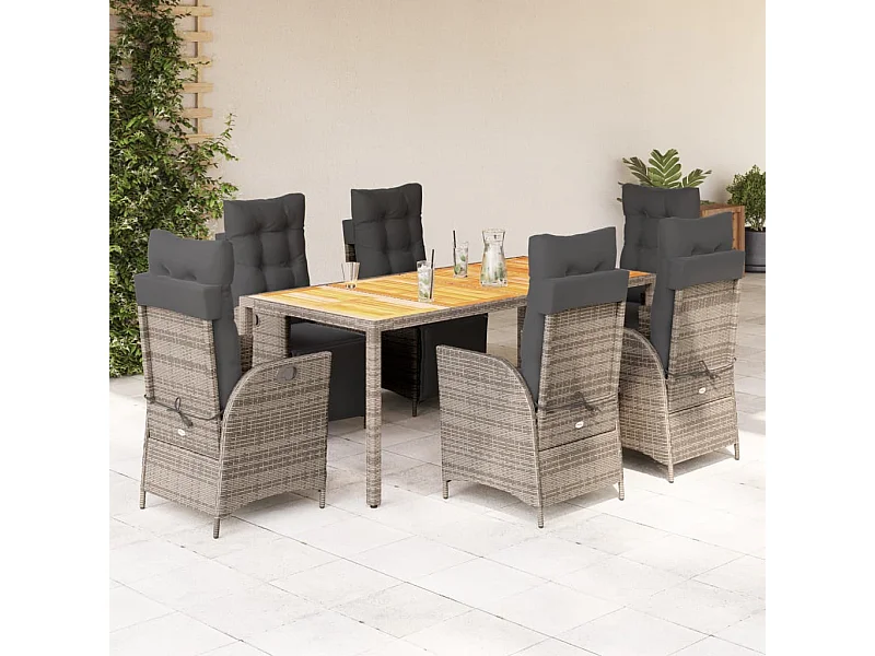 7-tlg. Garten-Essgruppe mit Kissen Grau Poly Rattan