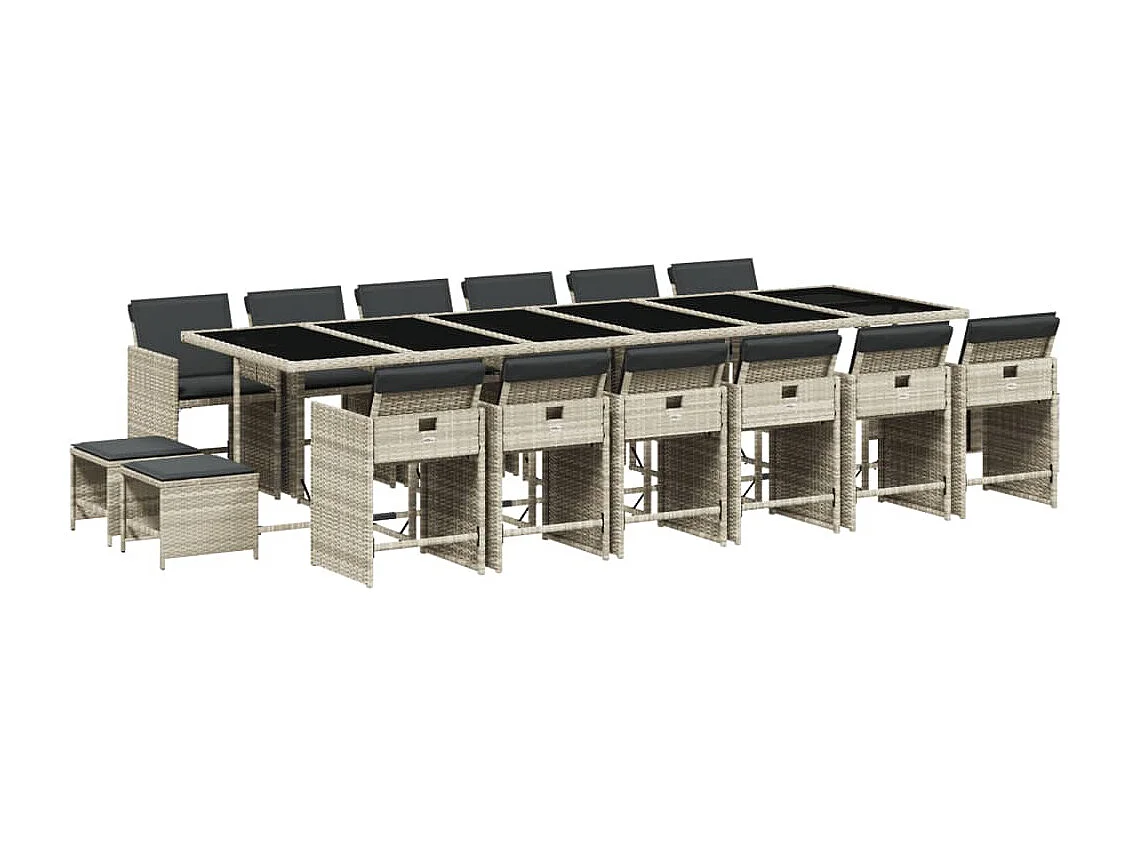 17 pcs conj. jantar jardim c/ almofadões vime PE cinzento-claro