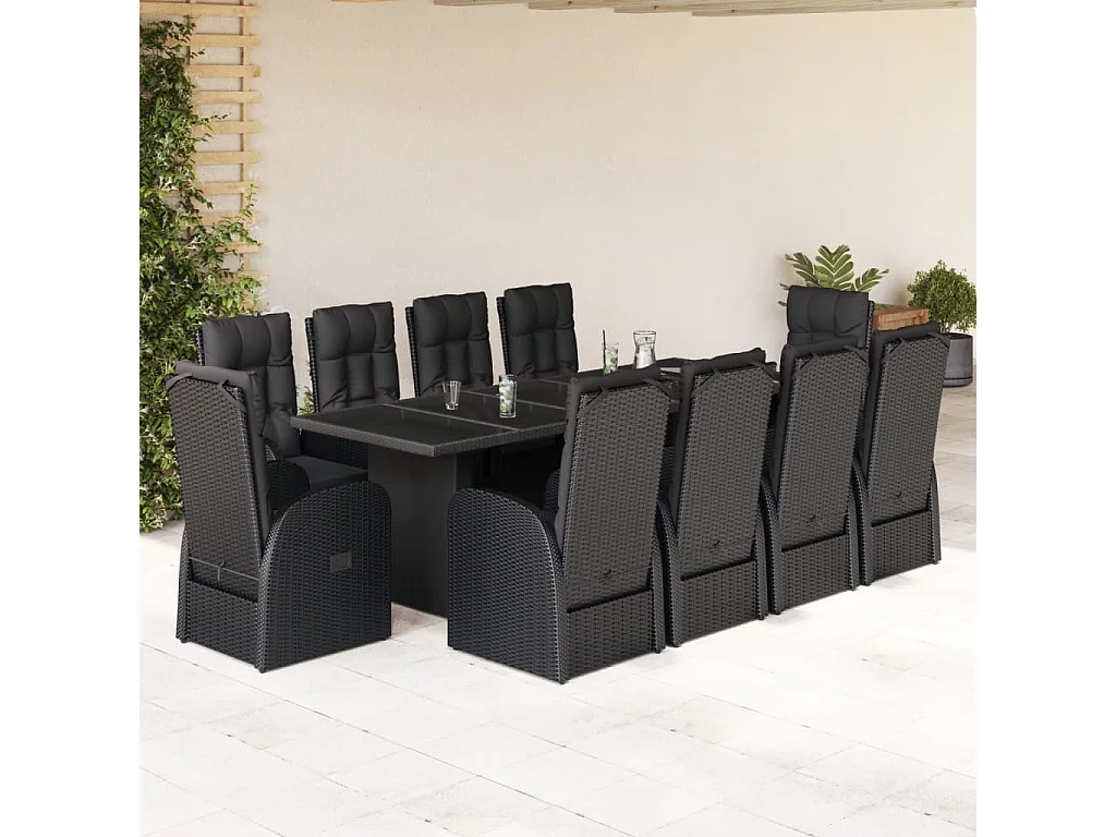 Set de comedor jardín 11 pzas con cojines ratán sintético negro