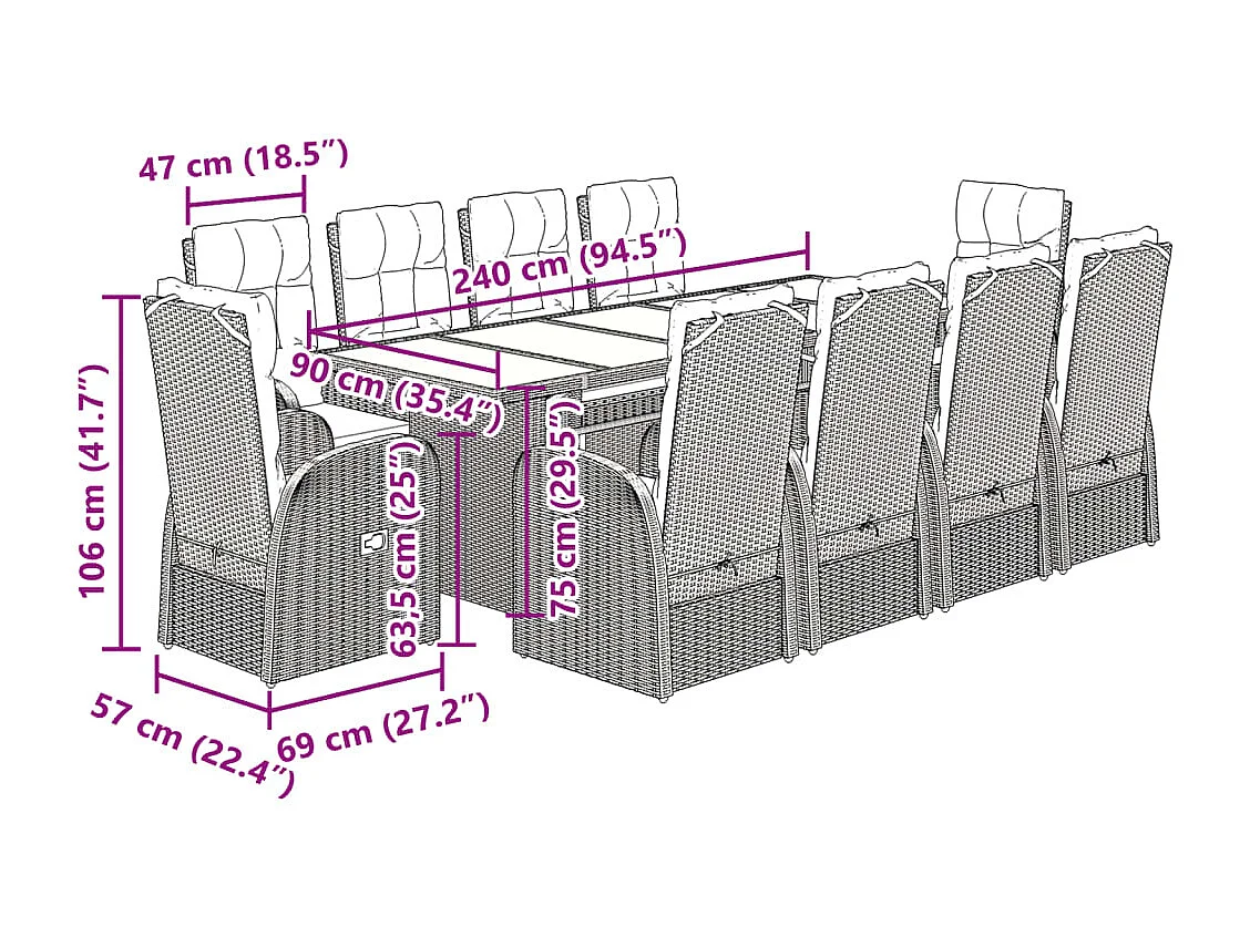 Set de comedor jardín 11 pzas con cojines ratán sintético negro