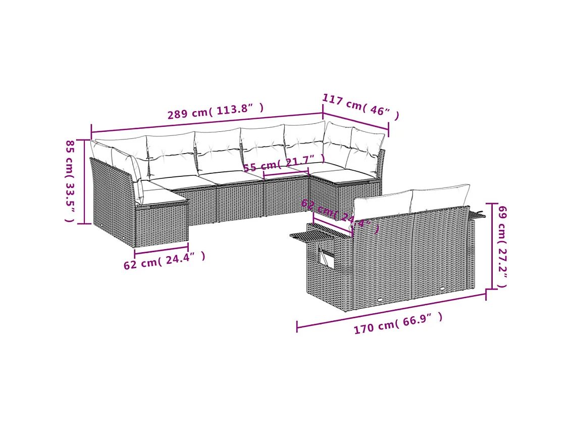 9-tlg. Garten-Sofagarnitur mit Kissen Braun Poly Rattan