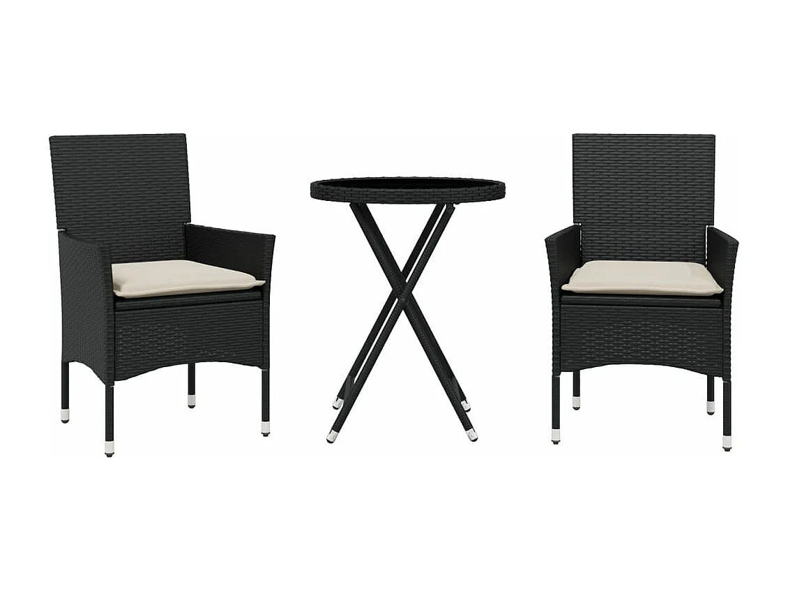 Ensemble de bistro avec coussins 3pcs noir résine tressée verre