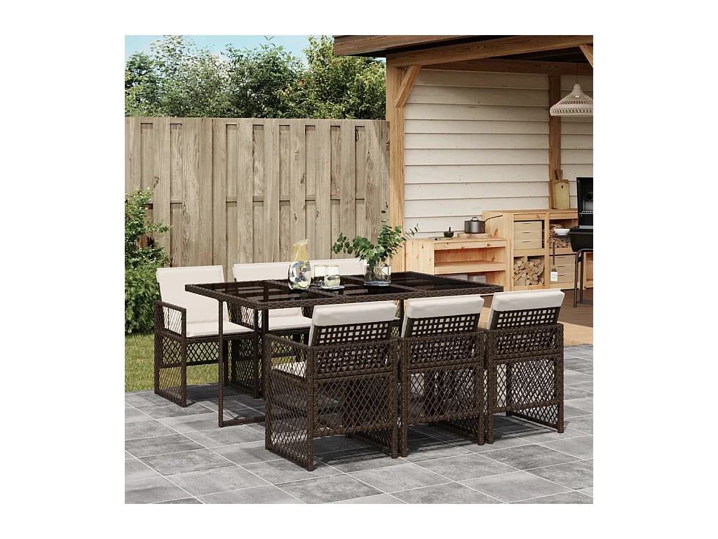 Ensemble à manger de jardin et coussins 7 pcs marron rotin