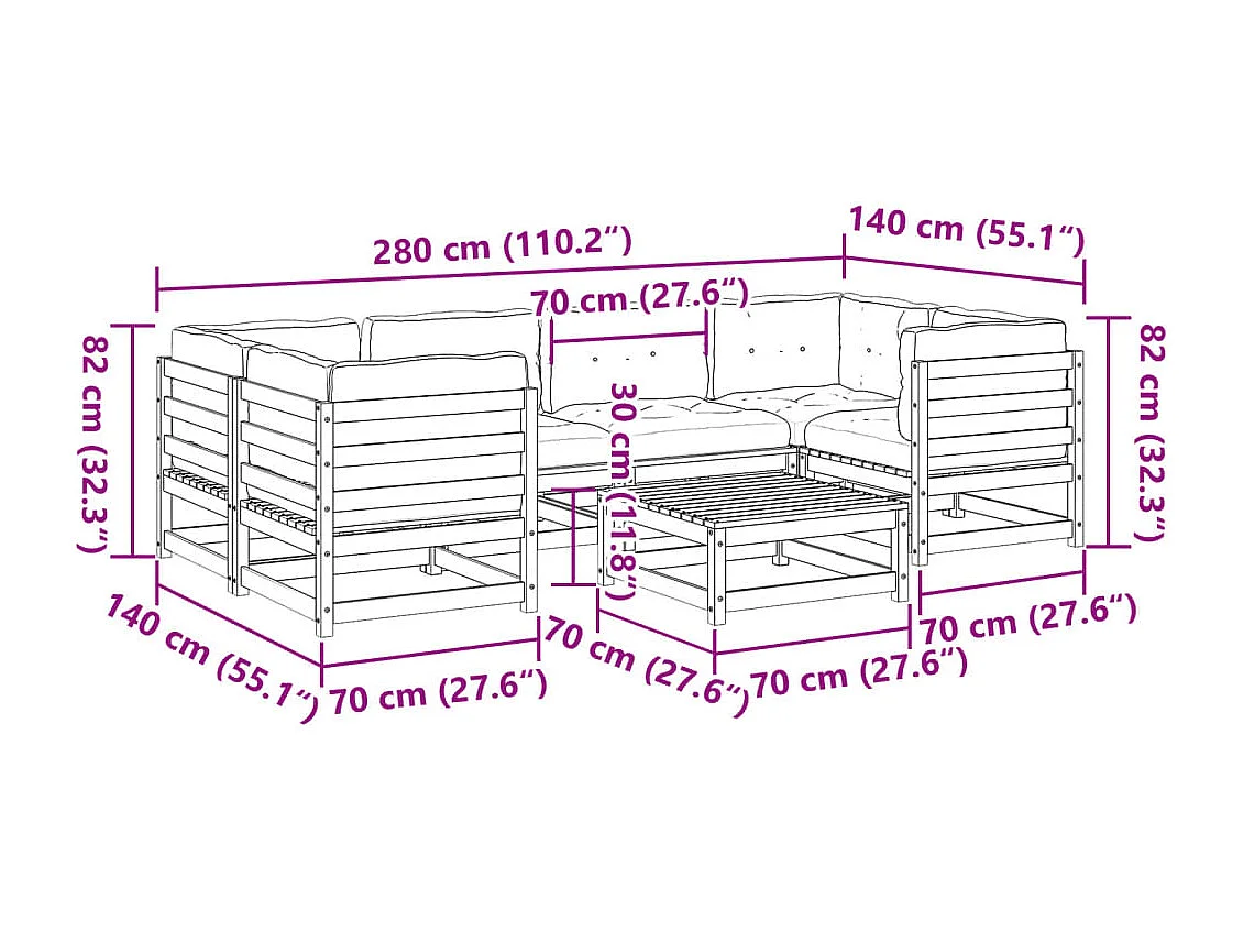 Set Divani Giardino 7 pz con Cuscini Marrone Cera Massello Pino