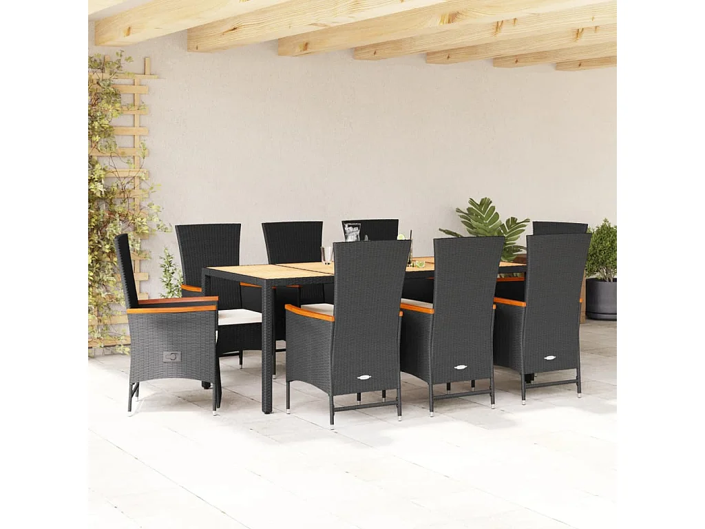 Set da Pranzo da Giardino 9 pz con Cuscini Nero in Polyrattan