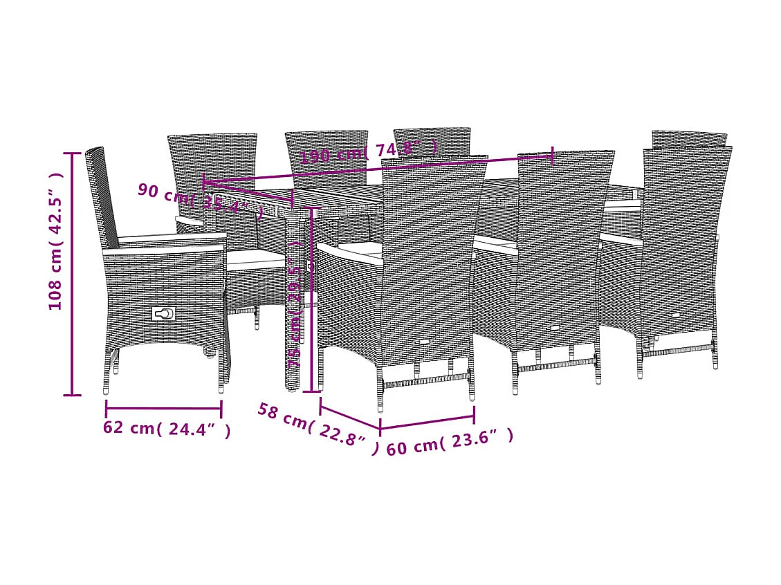Set da Pranzo da Giardino 9 pz con Cuscini Nero in Polyrattan