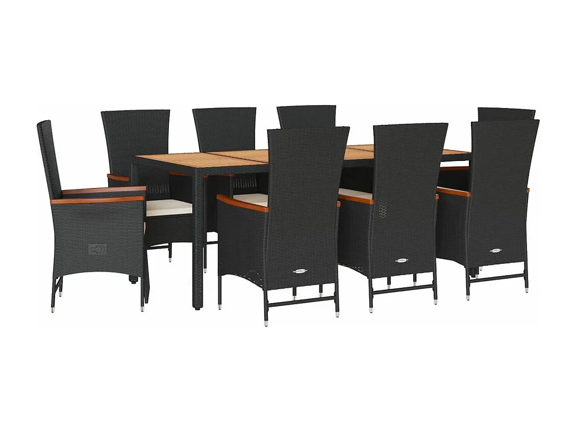 9 pcs conjunto de jantar p/ jardim c/ almofadões vime PE preto