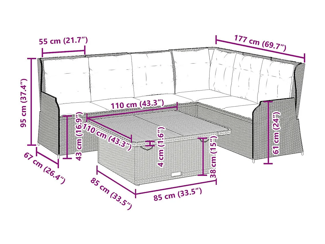 5 pcs conjunto lounge de jardim c/ almofadões vime PE cinzento