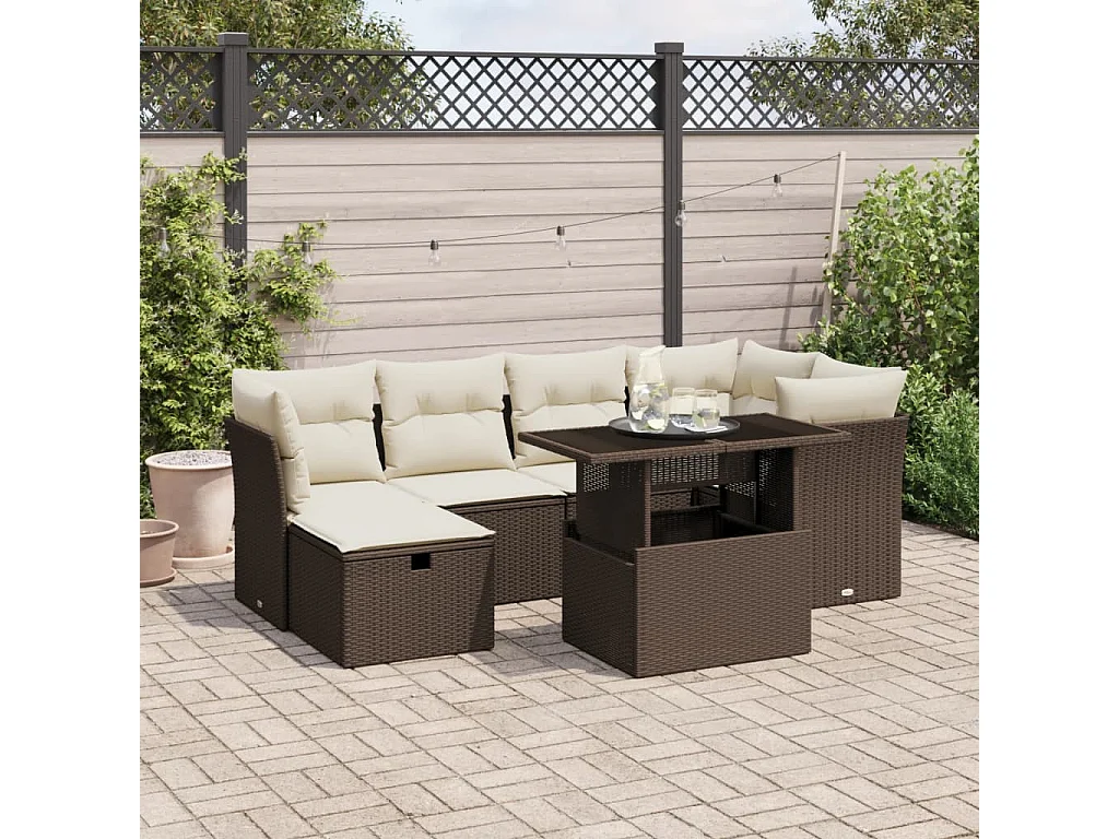 Set Divani da Giardino 7 pz con Cuscini Marrone in Polyrattan