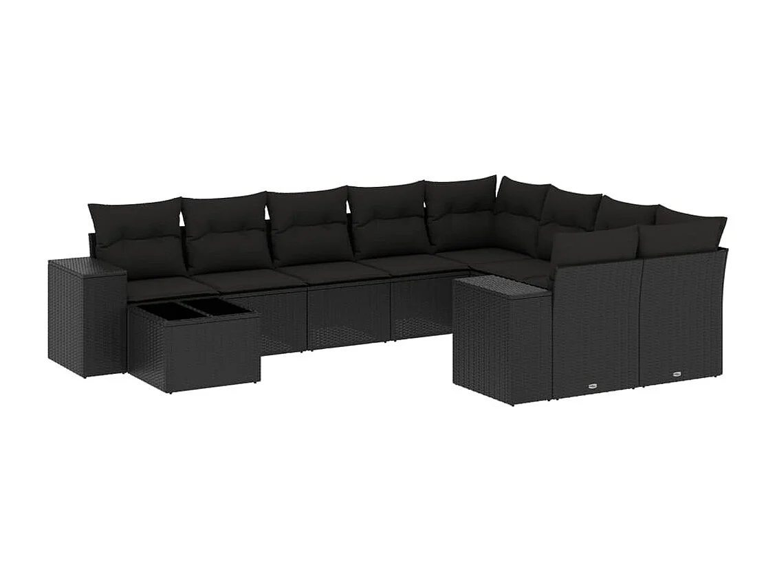 10-delige Loungeset met kussens poly rattan zwart