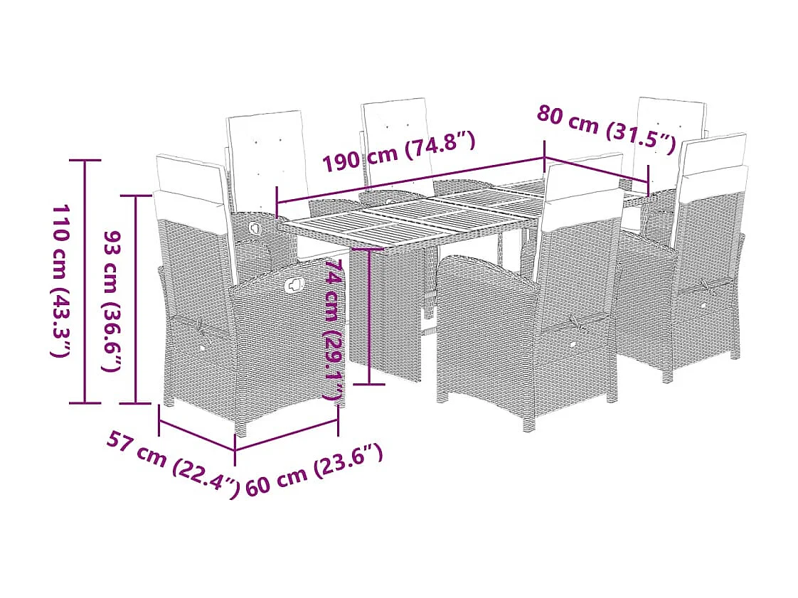 Ensemble à manger de jardin coussins 7pcs Noir Résine tressée