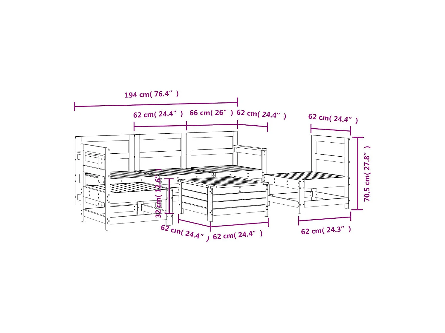 Set Divani da Giardino 6 pz Bianco in Legno Massello di Pino