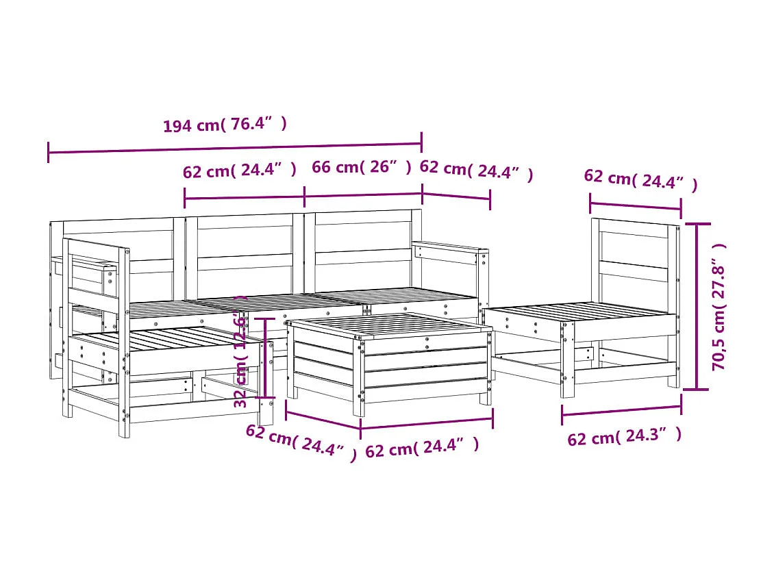 Set Divani da Giardino 6 pz Bianco in Legno Massello di Pino