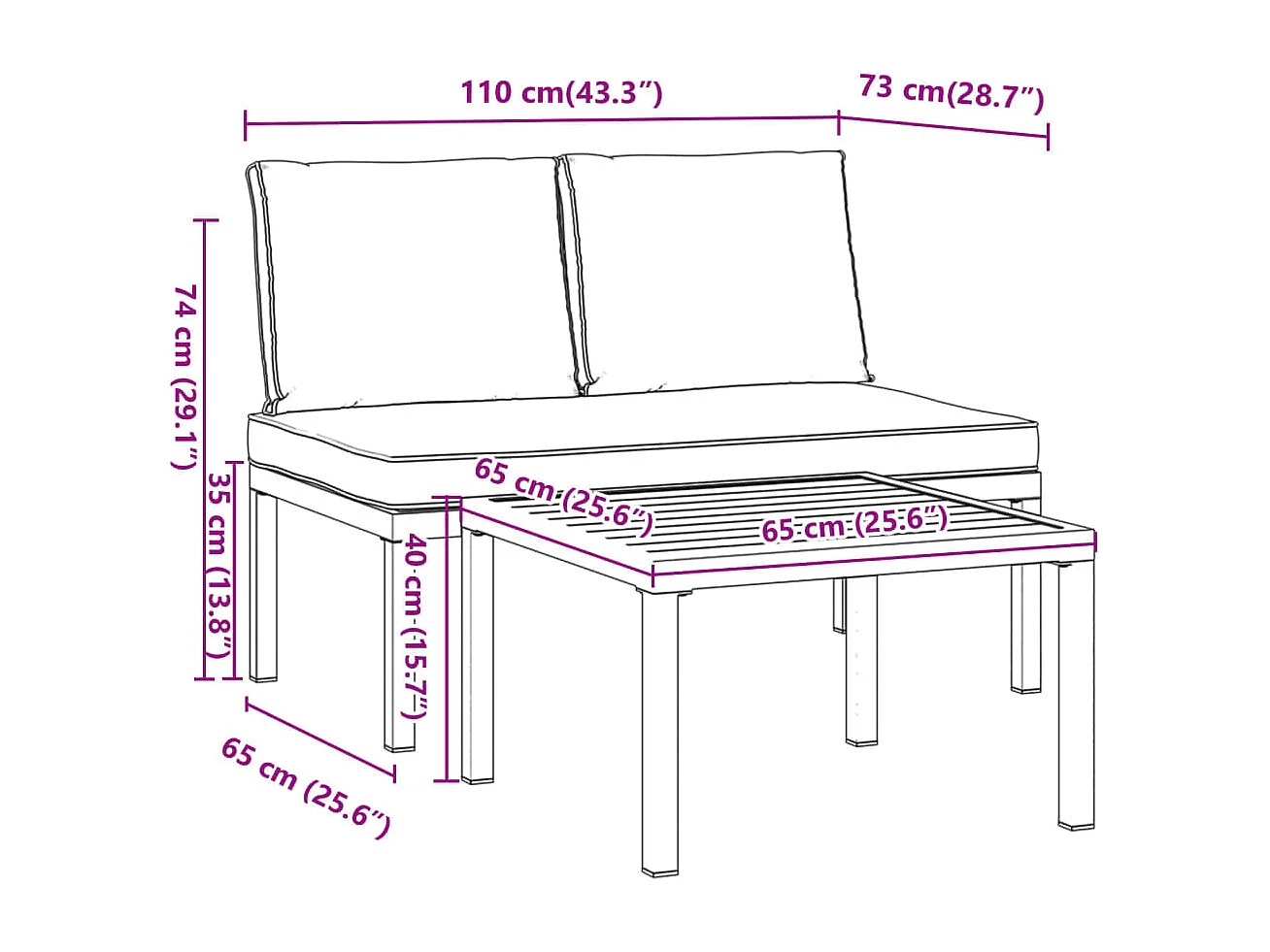 Salon de jardin 2 pcs avec coussins noir aluminium