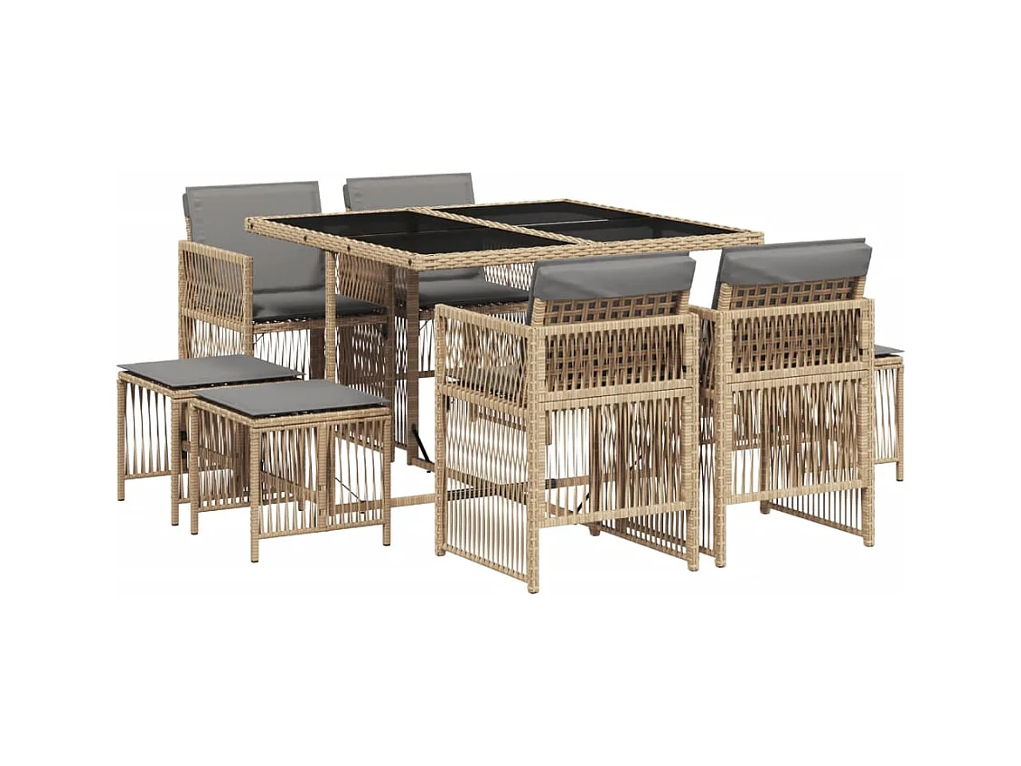 9-tlg. Garten-Essgruppe mit Kissen Beigemischung Poly Rattan