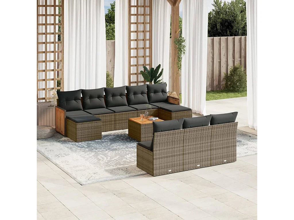 Salon de jardin 11 pcs avec coussins gris résine tressée