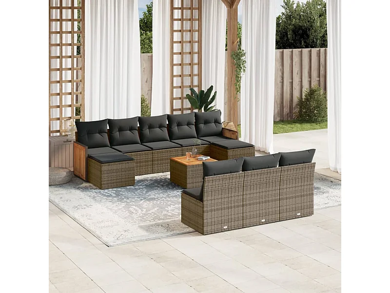 Salon de jardin 11 pcs avec coussins gris résine tressée