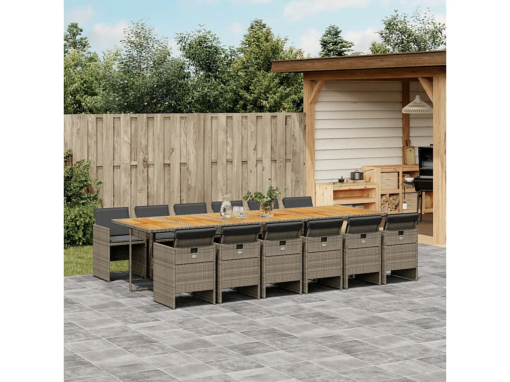 Ensemble à manger de jardin coussins 13 pcs gris résine tressée