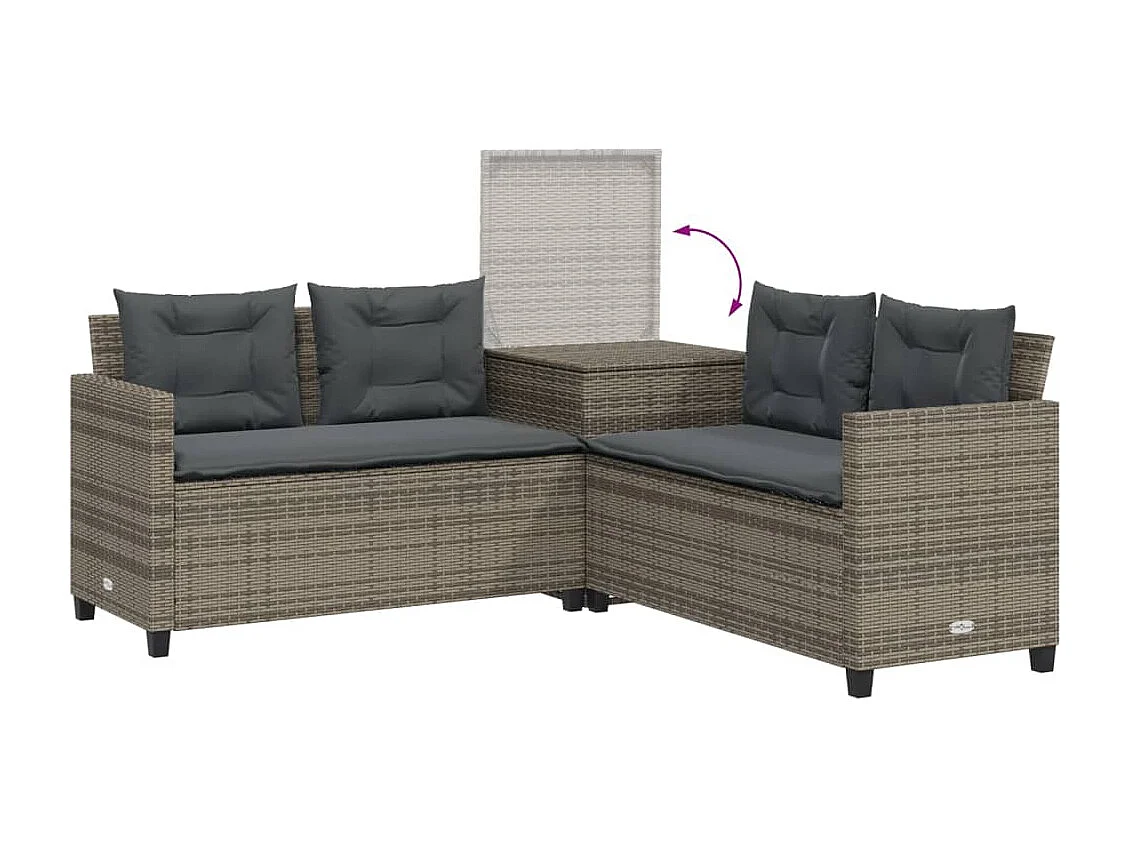 Canapé de jardin avec table et coussins en forme de L gris