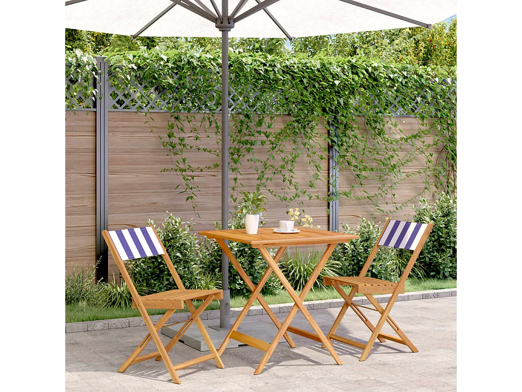 Ensemble de bistro 3 pcs bleu et blanc tissu et bois massif