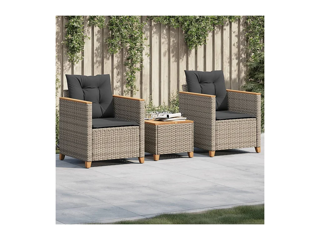 Ensemble de bistro 3 pcs et coussins gris résine tressée acacia