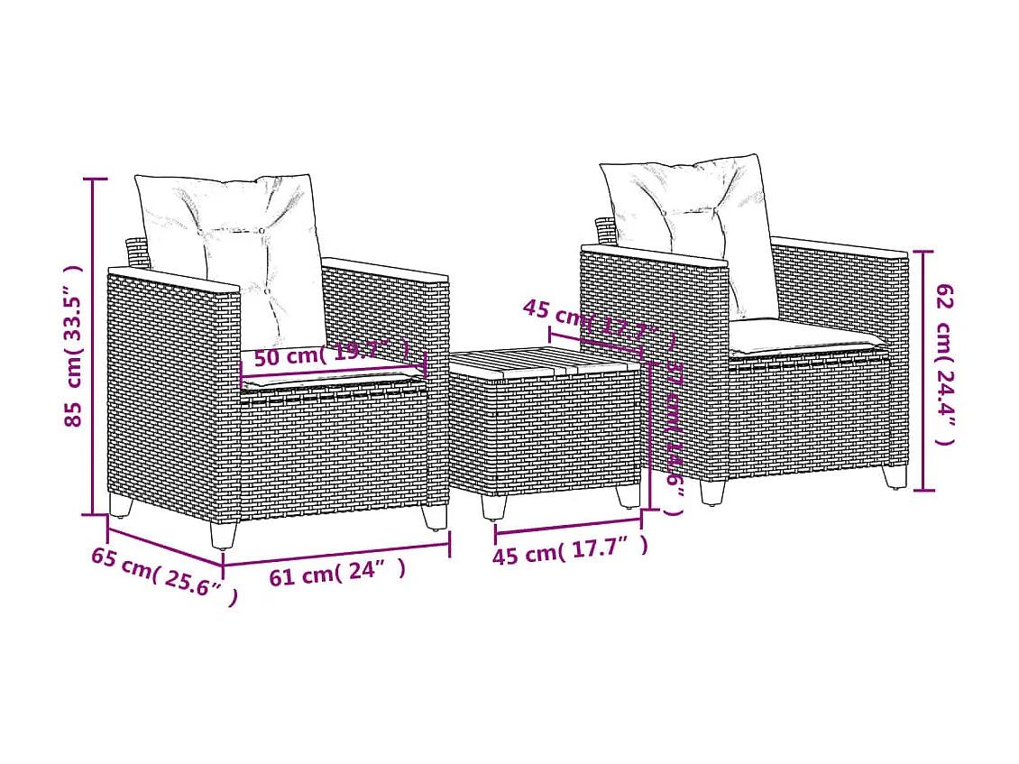 Ensemble de bistro 3 pcs et coussins gris résine tressée acacia