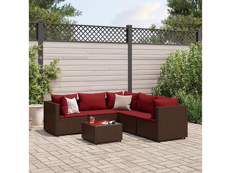 Salon de jardin 6 pcs avec coussins Marron Résine tressée