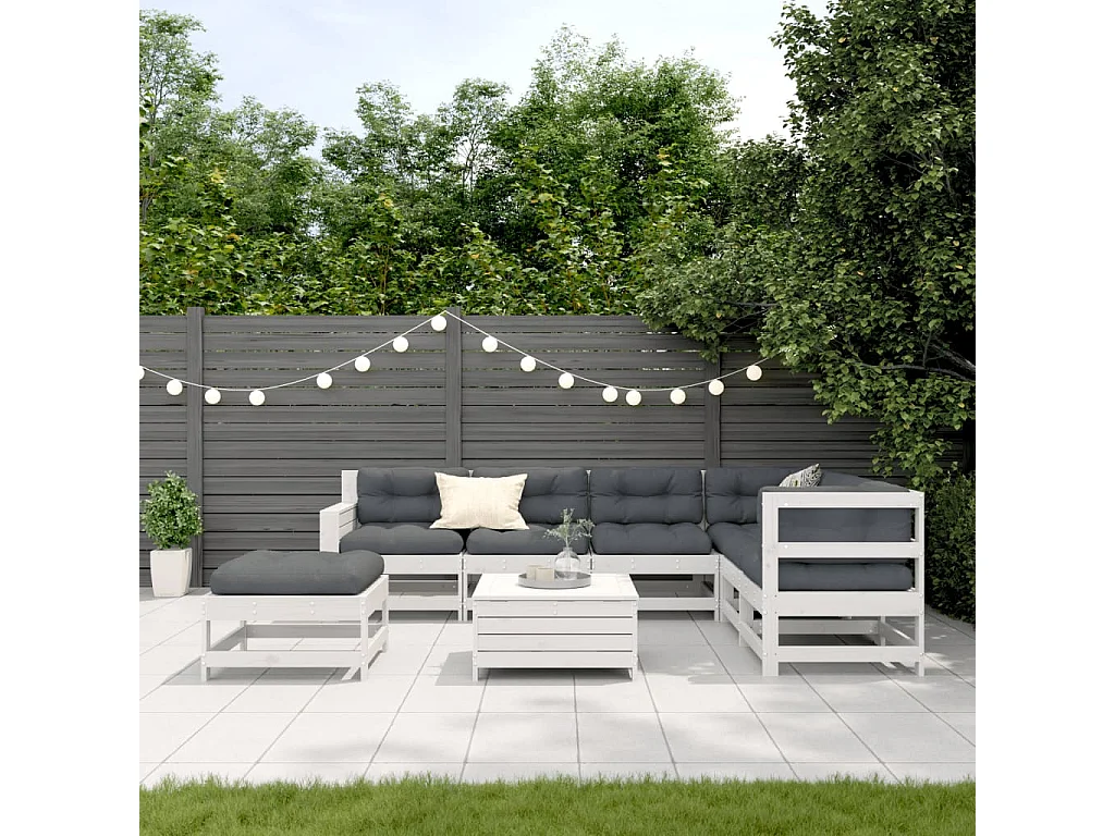 8-tlg. Garten-Lounge-Set mit Kissen Weiß Massivholz Kiefer