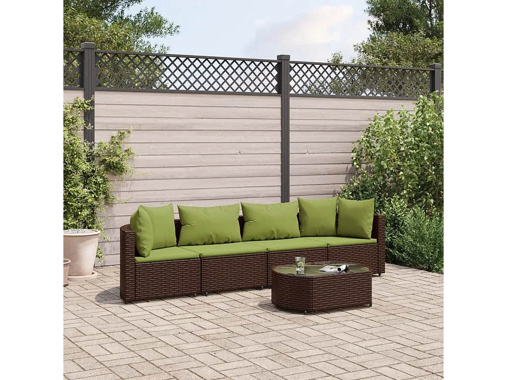 Set Divano da Giardino 5 pz con Cuscini Marrone in Polyrattan