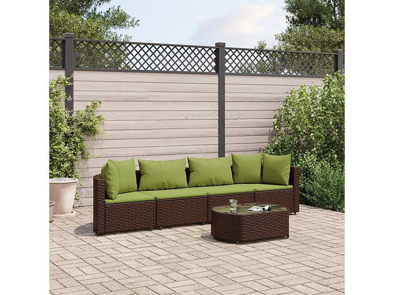 Set Divano da Giardino 5 pz con Cuscini Marrone in Polyrattan