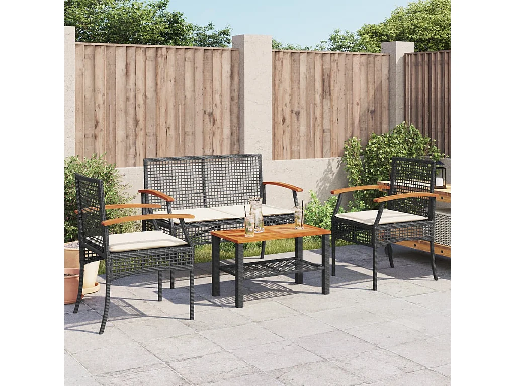 Salon de jardin 4 pcs avec coussins Noir Résine tressée