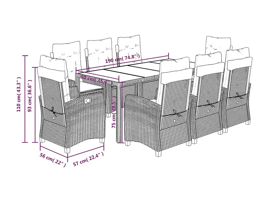 9 pcs conjunto de jantar p/ jardim c/ almofadões vime PE preto