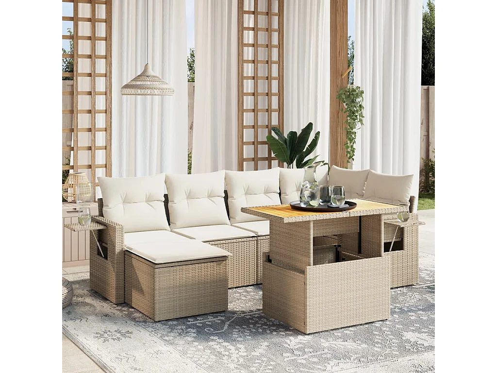 Salon de jardin avec coussins 7 pcs beige résine tressée