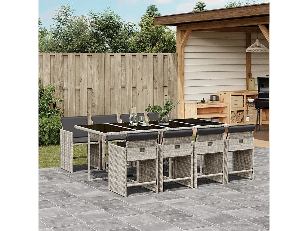 Set Pranzo da Giardino 9pz con Cuscini Grigio Chiaro Polyrattan